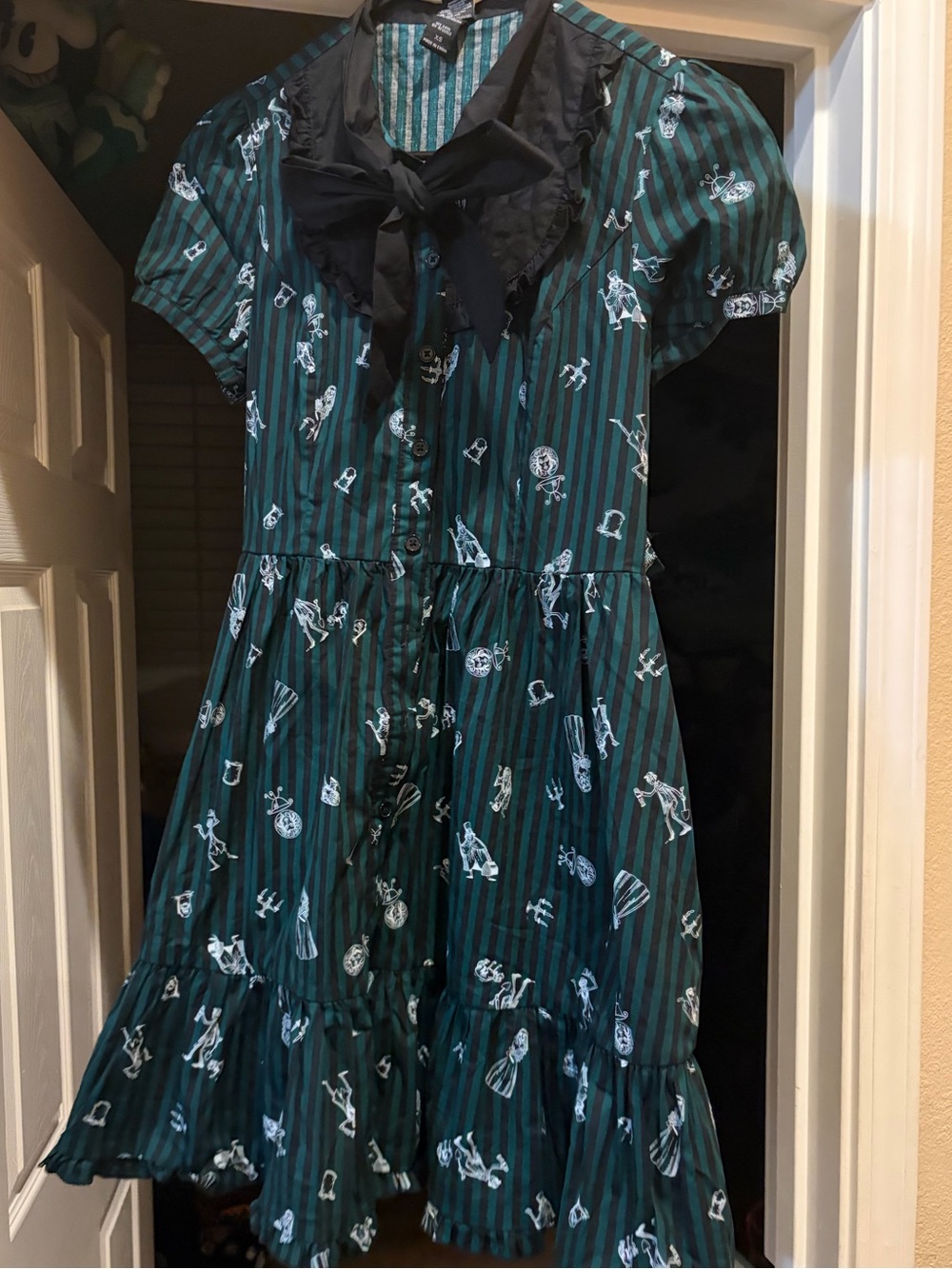 Her Universe Green and Black Striped Mini Dress with Skeleton Print